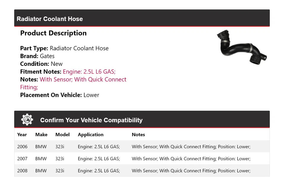 For 2006-2008 BMW 323i 2.5L L6 GAS Radiator Coolant Hose Lower Gates 2007 - Image 2 of 4