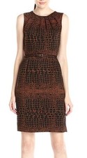 Nine West Whiskey/Black Geo Printed Pleated Neck Belted Dress - MSRP $89