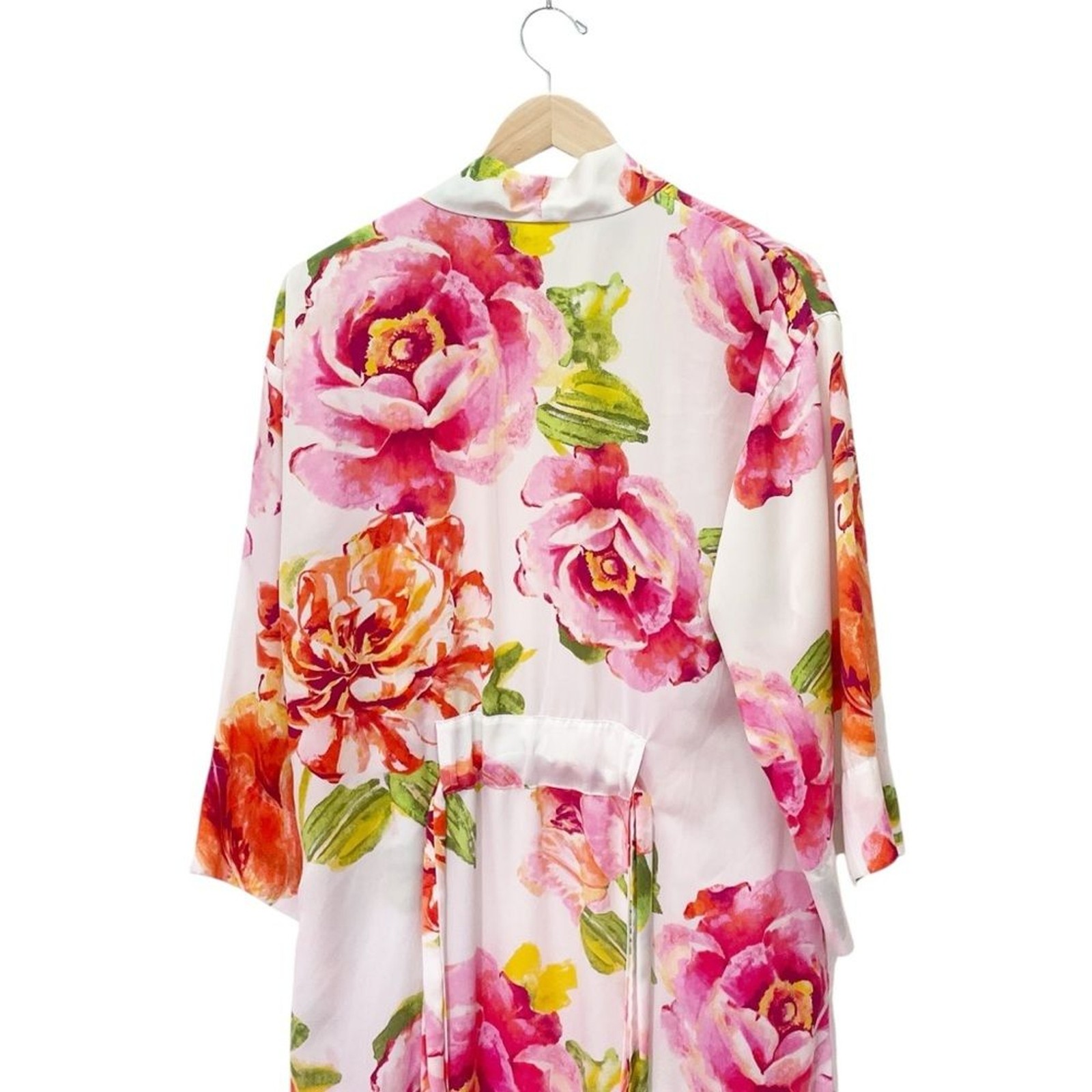 Natori South Pacific Floral Robe & Slip Nightgown Set Pink Orange Ivory Size S M