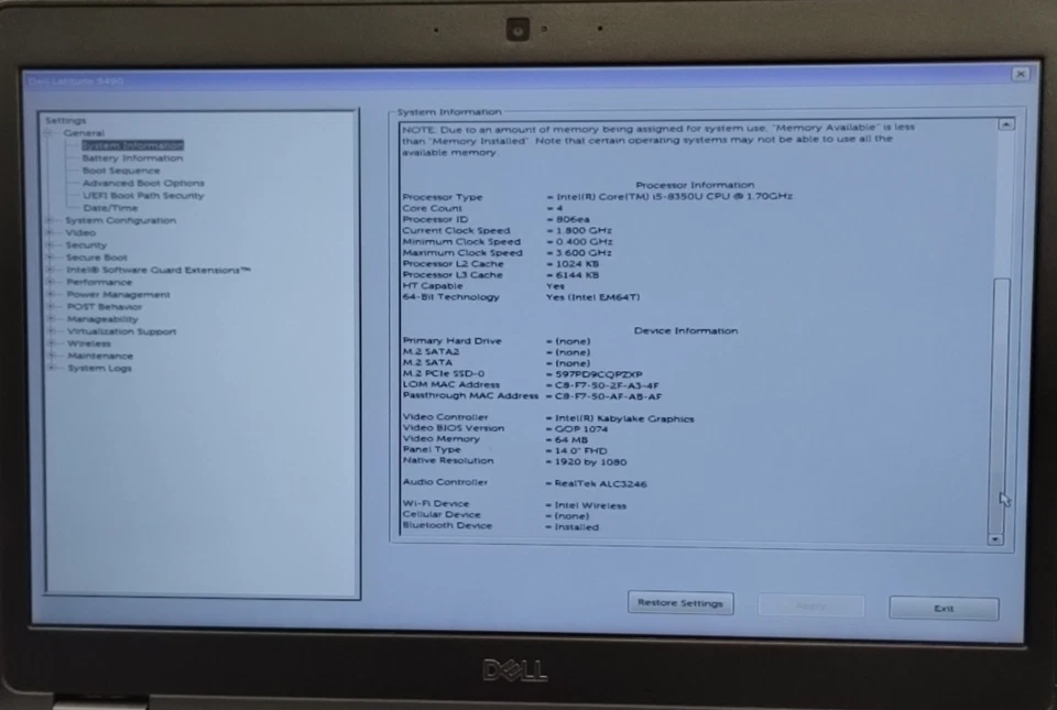 Dell Latitude 5490 14" Laptop i5-8350U 1.70GHz 4GB RAM 256GB NVMe W11P - Image 3 of 4