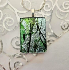 Handcrafted Silver/Green/Black Fused Dichroic Glass Necklace/New