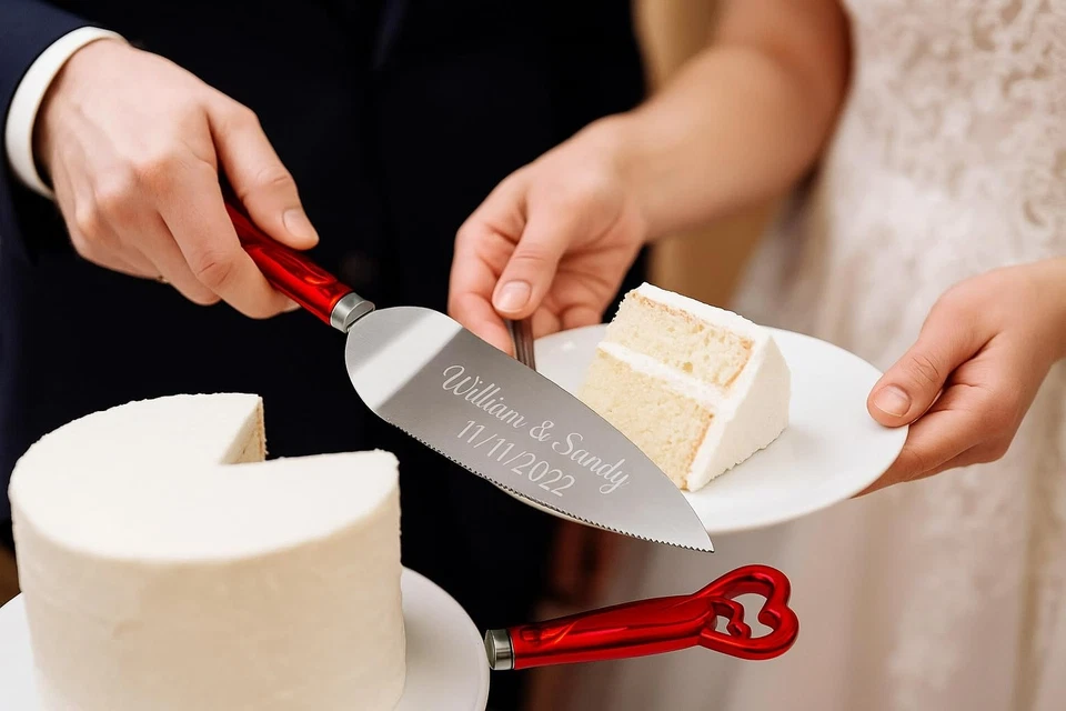 Conjunto personalizado de facas e servidores para bolo de casamento – Gravura grátis, presente elegante - Imagem 3 de 4