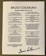 BRUCE COCKBURN SIGNED LYRIC SHEET WONDERING WHERE THE LIONS ARE AUTOGRAPH COA