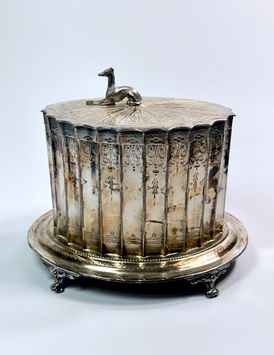Antique Silver Plate Footed Tea Caddy Biscuit Barrel Fluted with Doberman Finial