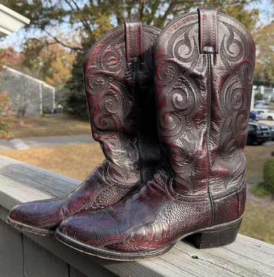 Dan Post Black Cherry Ostrich Leg Cowboy Western Boots Men s Size 9 D Red Brown