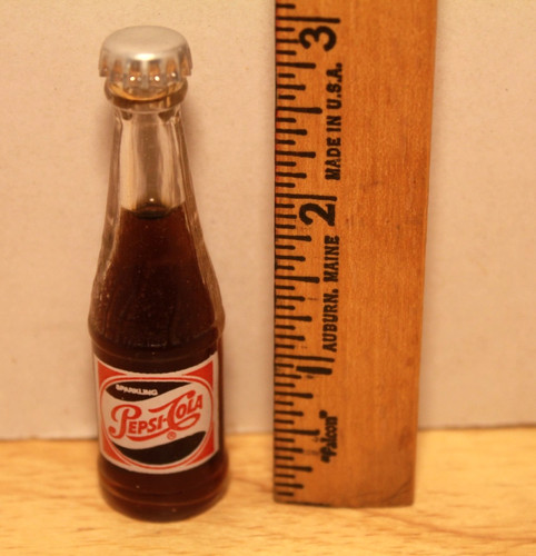 Vintage Miniature Pepsi-Cola Soda Bottle 3" Full W/ metal cap