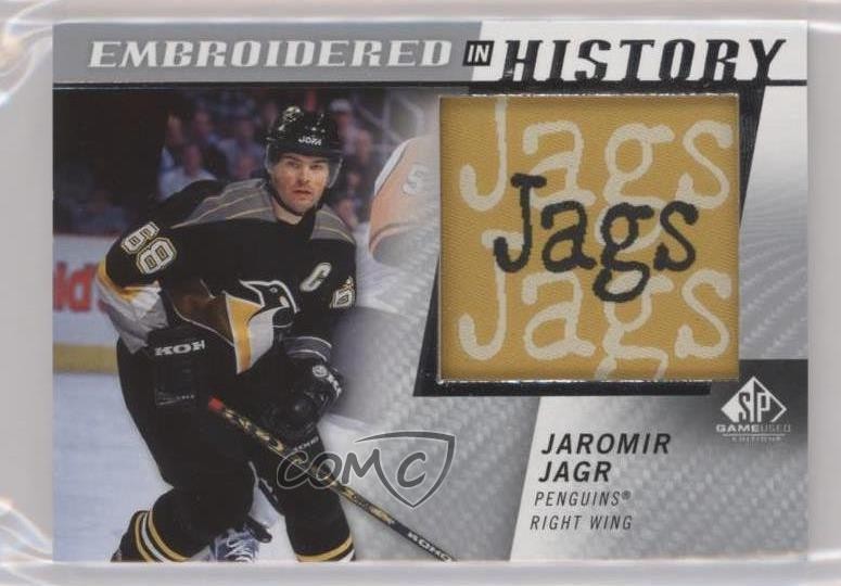 Jaromir Jagr #69 Hockey Cards 2021 SP Game Used Embroidered in History trading card — raw and PSA graded price guide