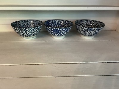 Japanese Blue & White Patterned Cereal/Soup Bowls 