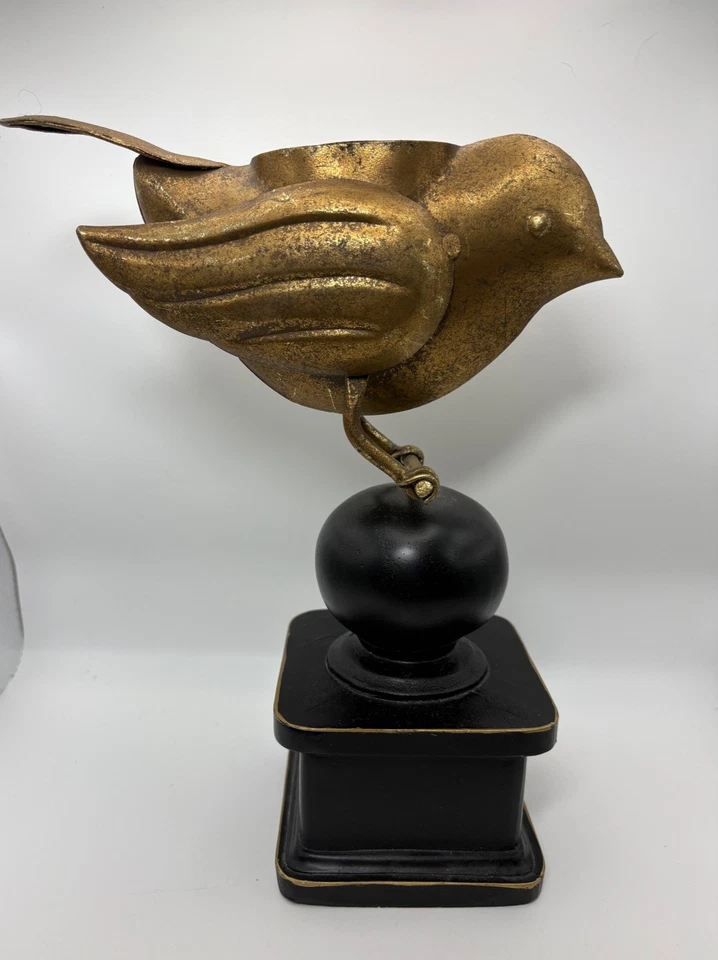 Estatuilla de pájaro dorado vintage escultura base negra decoración de mesa acento Foto 2 de 4