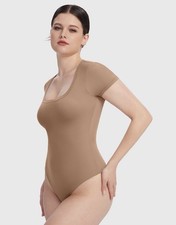 Women's Brown Beige Short Sleeve One Piece Bodysuit Stretch Solid Opaque