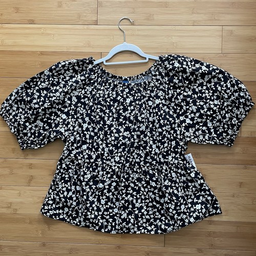 Old Navy Womens Floral Black White Puff Sleeve Peplum Blouse L Petite Keyhole