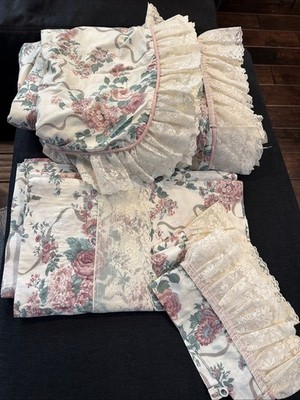Croscill ELIZABETH GRAY Rose Florals Ribbons Ruffled Lace Curtains & Valence Set