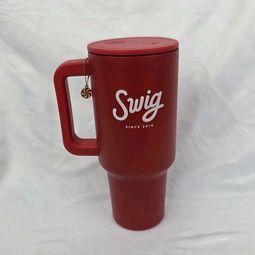 Swig Dirty Soda Tumbler Red Insulated Cup Handle Lid Peppermint Charm