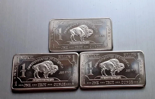 3-1 oz One Troy Ounce USA American Buffalo .999 Fine Nickel Bar Ni Element CMC