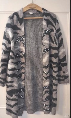 Chicos Strickjacke Pullover Staubtuch Damen Größe 14 Grau Wolle Mohair Lang Offen Tier 