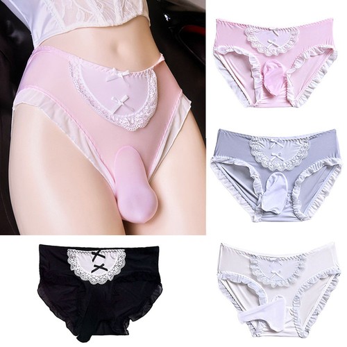 Mutandine uomo Sissy fiocco pizzo crossdressing lingerie gay copri pene intimo - Foto 2 di 29