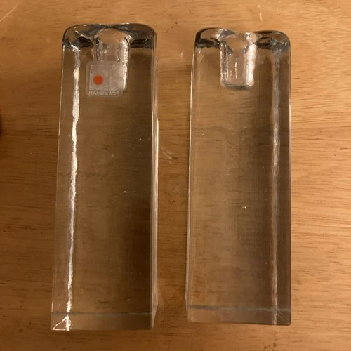 PAIR (2) Vtg. Blenko Glass Ice Cube Candle Holder Clear 6" Tall Original Stkr.