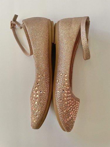 Link Comfort Rose Gold Sparkle Bejeweled Ankle Strap Ballet Flat Shoes Size 4 - Picture 4 of 6