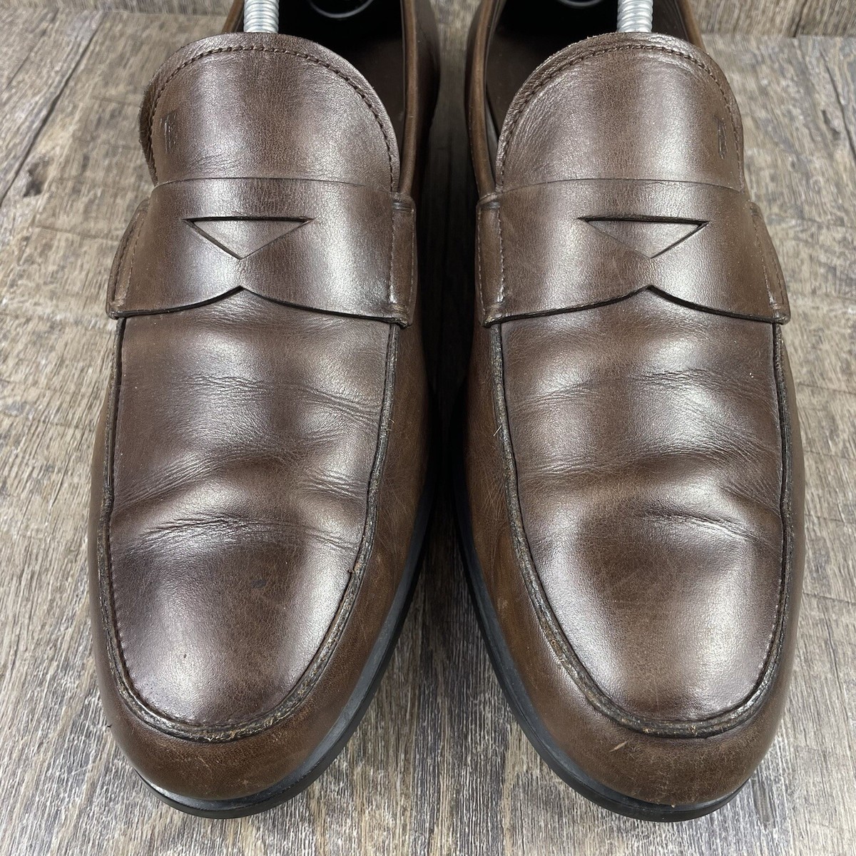 Tods Penny Loafer Shoes Mens 9 Brown Leather Italy Dress 
