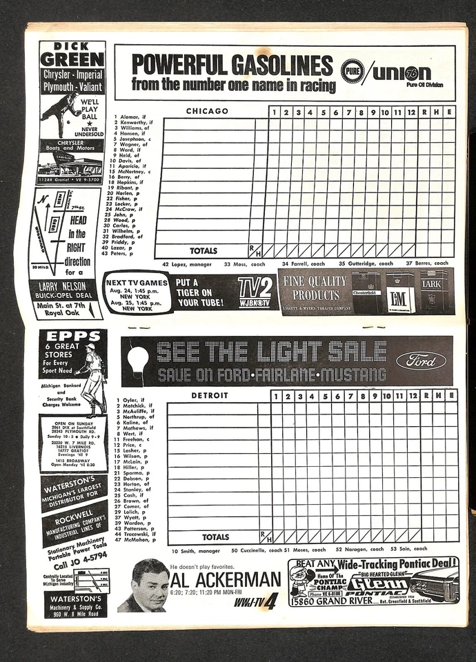 1968 CHICAGO WHITE SOX @ DETROIT TIGERS SCORECARD, UNSCORED, WS SEASON - Image 2 of 2