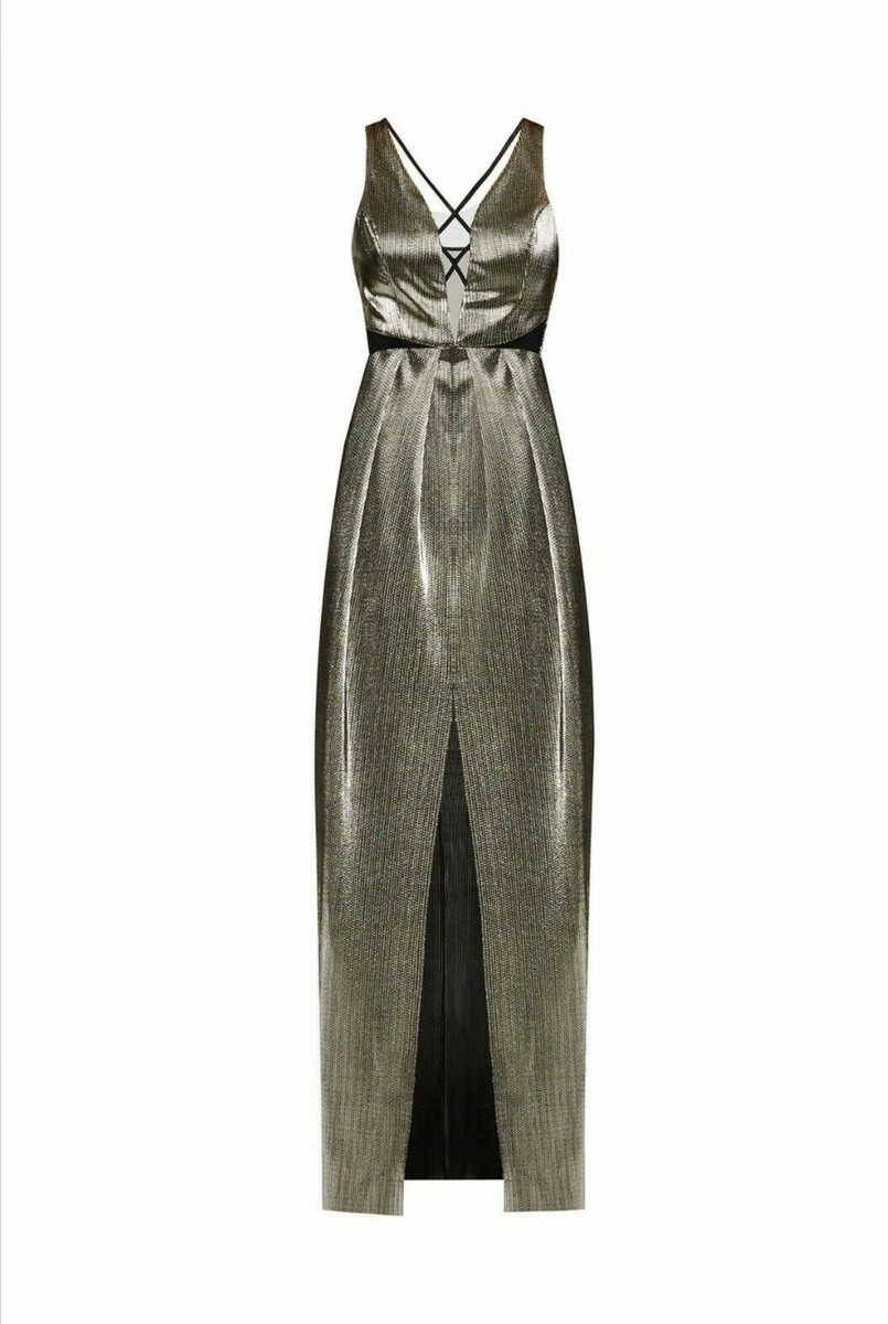bcbgeneration metallic maxi dress BCBGeneration Womens Metallic Pleated Maxi Dress Black Gold Foil Mesh Size  2 NWT