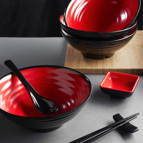 Japanese Style Ramen Bowl Set - 2 Large Melamine Bowls with Chopsticks & Spoon - Picture 8 of 9