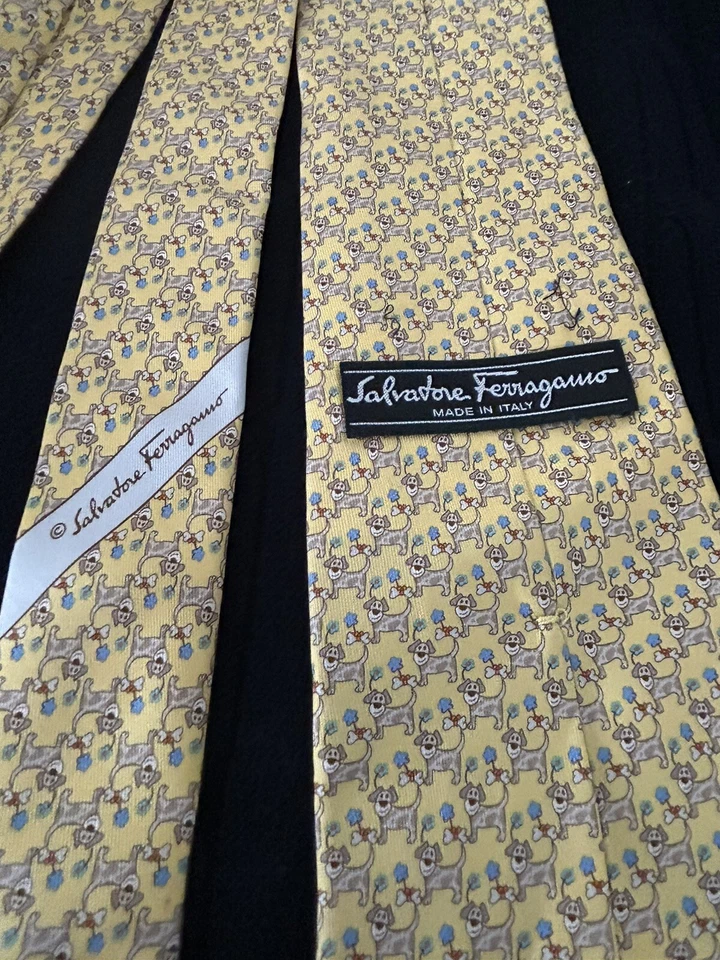 Salvatore Ferragamo Neck Tie Yellow Doggies Print Silk 3.5” x 57”. Perfect!  FUN - Image 4 of 4