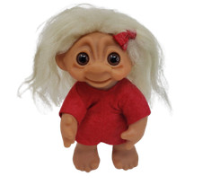 8" VINTAGE THOMAS DAM 604 TROLL W/ LONG WHITE HAIR RED FELT OUTFIT BOW GIRL
