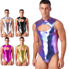 Mens Shiny Metallic Sleeveless Bodysuit Zipper Cutout Leotard Jumpsuit Romper