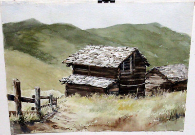 HAROLD E. HOLLY WOODEN CABIN ON THE GRASS ORIGINAL WATERCOLOR LANDSCAPE PAINTING