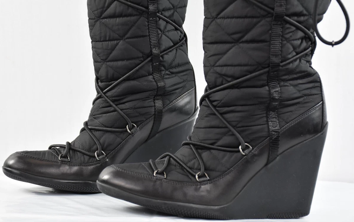 Prada Nylon And Fur Lace Up Winter Boots Size 35.5 5.5 US MINT