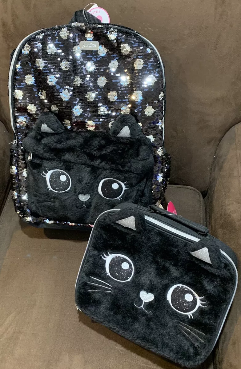 JUSTICE BLACK CAT BACKPACK/LUNCHBOX FLIP SEQUINS DOTS/FAUX FUR SUPER CUTE!!