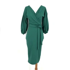 Boohoo Womens Dress 6 Green Long Sleeve Belted Midi Faux Wrap United Kingdom