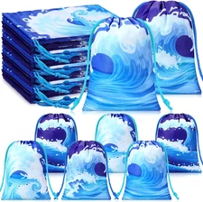16 Pcs Ocean Waves Gift Bags Bulk Summer Sea Drawstring Pouch Blue Beach Pool Re