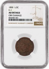 1850 1/2C Braided Hair Half Cent Cohen 1 C-1 NGC AU Details OBV Damage Coin