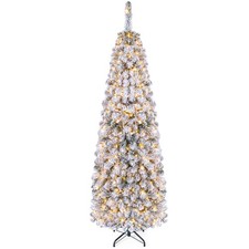 6Ft Pre-lit Snow Flocked Artificial Pencil Christmas Pine Tree w/ 250 LED Lights