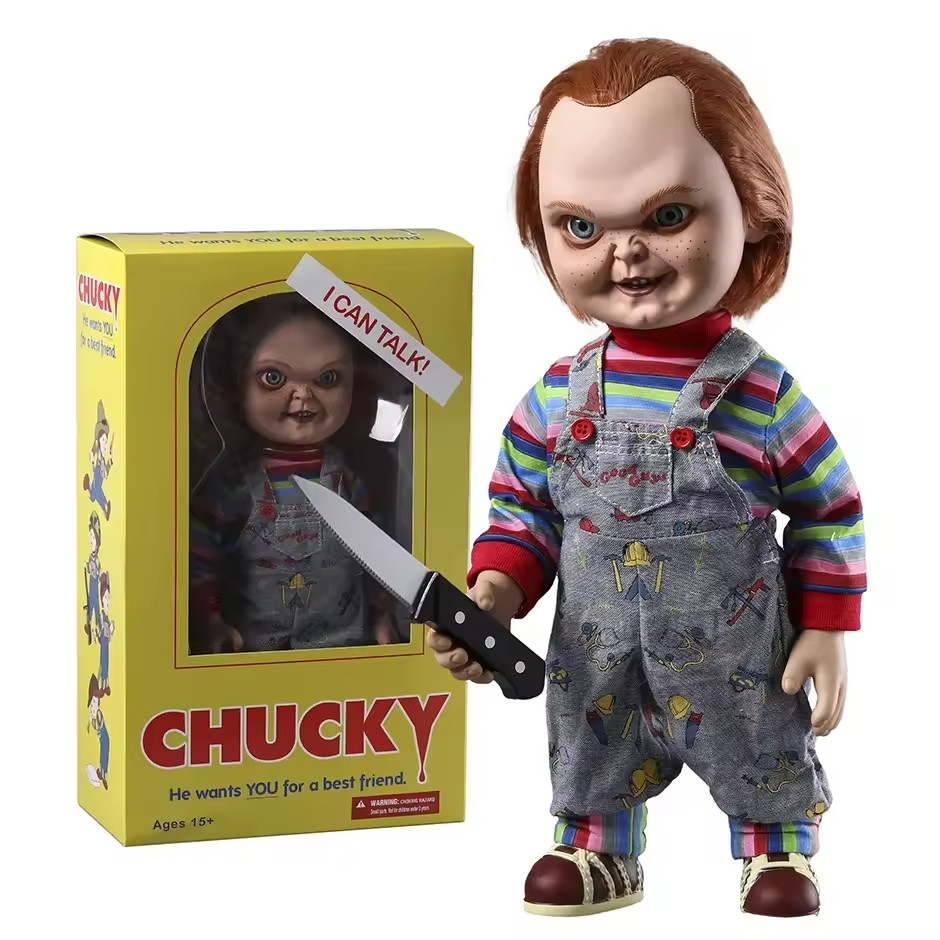Chucky poupée Good Guy Evil Face 38 cm pour décoration de soirée horreur et vitrine pop culture