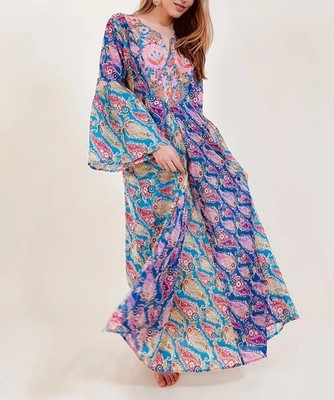 Debbie Katz Katia Maxi Dress Womens XS Bohemian Floral Paisley Bell Sleeves