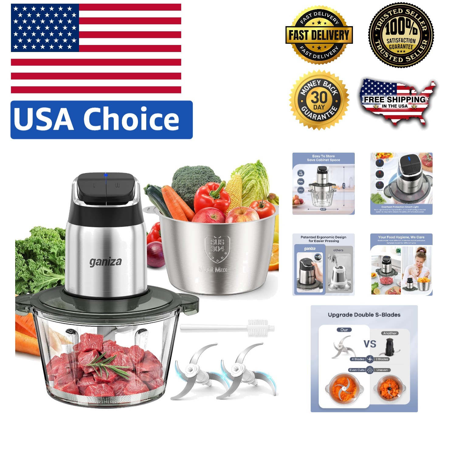 450W Food Processor with Smart Features: 2-Speed Chopper & O