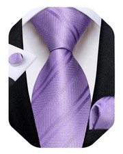 Mens Tie Set Silk Solid Paisley Necktie and Pocket Square Cufflinks Lavender