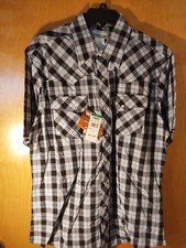 Wrangler Wrancher Men's Western Pearl Snap S/S Shirt LARGE BLUE Plaid NWT