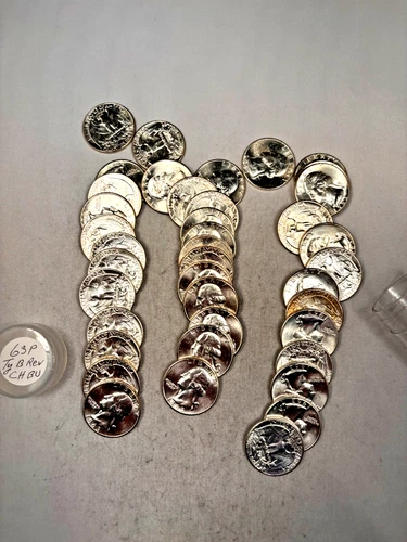 1963P WASHINGTON QUARTER 90% SILVER CH. BU BRILL UNC 40 COIN ROLL TYPE B REVERSE