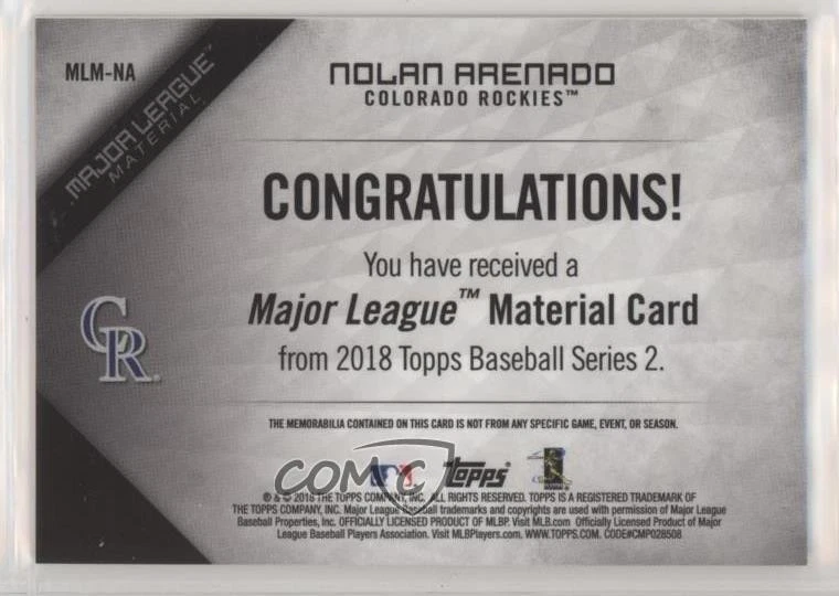 2018 Topps Major League Material Series 2 Gold /50 Nolan Arenado #MLM-NA - Image 2 of 2