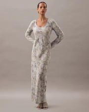 Calvin Klein Printed Scoop Neck Maxi Dress Women's 8 Grey Long Sleeves Pullover