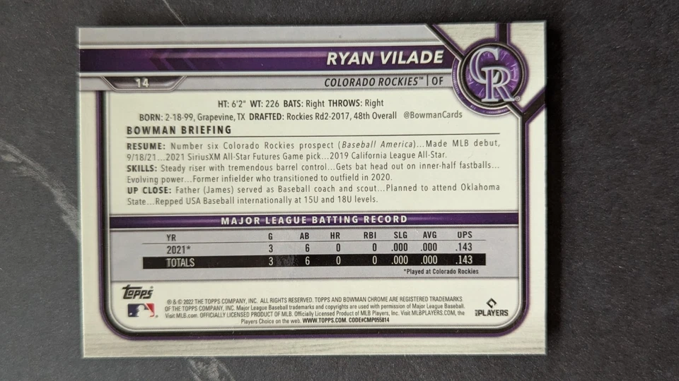 2022 Bowman Chrome Ryan Vilade Rockies RC Rookie - Image 2 of 2