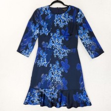 Banana Republic Dress Womens 2 Blue Floral 3/4 Sleeve Ruffle Hem Sheath