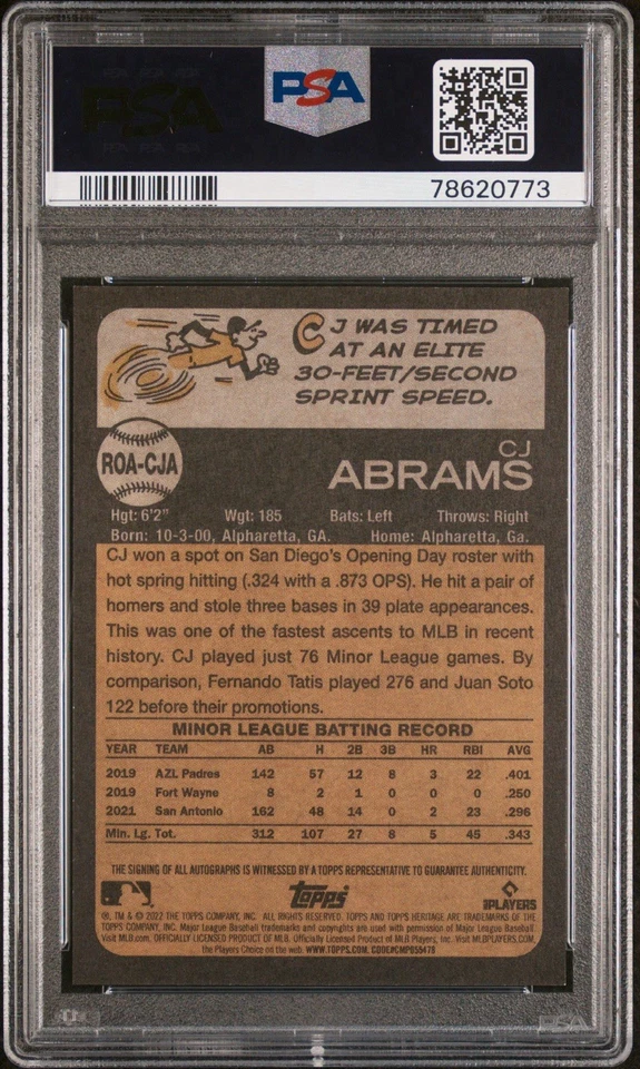 2022 Topps Heritage #ROA-CJA CJ Abrams RC Auto *PSA 10* REAL ONES AUTO Gem Mint - Image 2 of 2