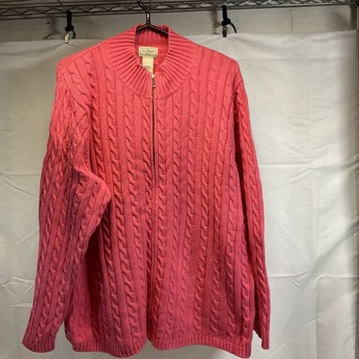 LL Bean Cable Knit Mock Neck Sweater Women's 3X Reg 100% Cotton Front Zip Coral