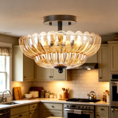 12'' Vintage Amber Glass Ceiling Light Semi Flush Mount Fixture Entryway Bedroom