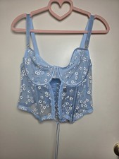BodyRage Blue/White Floral Sheer Mesh Underwired Lace-Up Bustier Top 2X Set